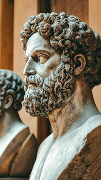 Classical marble busts depicting ancient philosophers showcasing intricate details and expressions in a historical setting