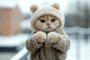 Fototapeta premium Social commercial - animal care. Problem of endangered animals. Sad cute baby cat british shorthair in winter warm clothes, visible breath from nose and mouth in cold atmosphere. Cat warm liner.