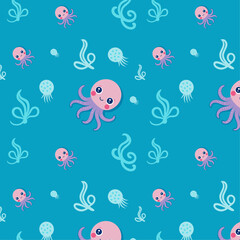 Cute Cartoon Octopuses and Jellyfish in Underwater Seaweed Pattern on Blue Background