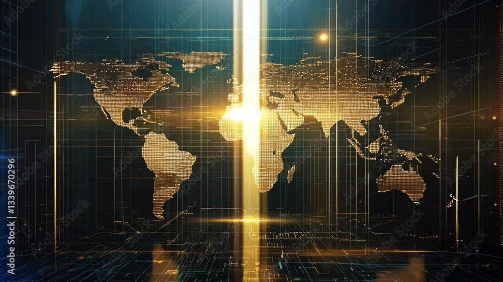 Poster computer generated image of the world with a yellow dot in the middle. the image is dark and moody, 