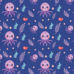 Cute Jellyfish and Sea Elements Pattern on Blue Background
