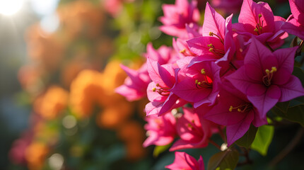 Obraz premium Beautiful Vibrant Pink and Orange Bougainvillea Flowers Sunny Garden Close-Up