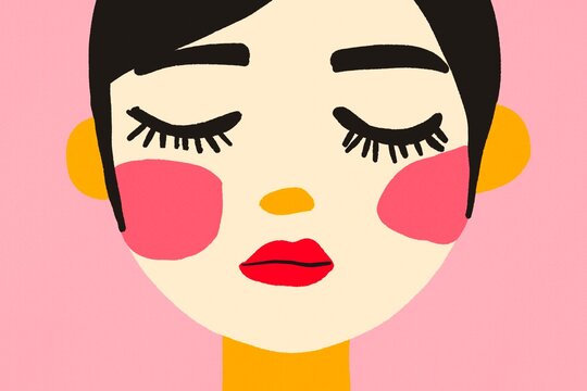 Minimalist illustration of a serene face on pink background