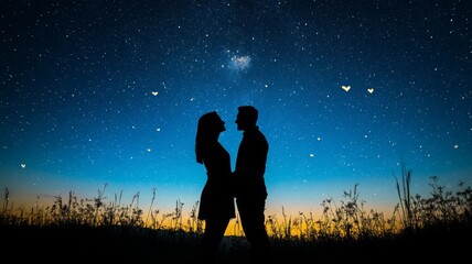 Fototapeta premium Silhouette Couple Embraces Under Starry Night Sky