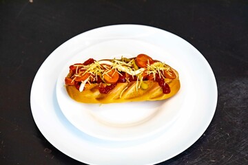 Traditional Brazilian hot dog prepared with sliced ​​sausage in sauce, straw potatoes, peas