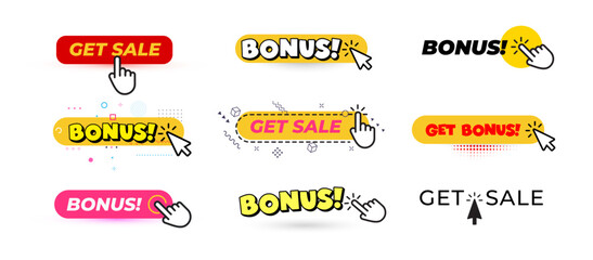 Clickable buttons with GET SALE and BONUS texts. Promotional banners for ecommerce, marketing, special offers. Bright, modern UI design. Vector illustration.