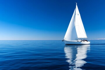 Obraz premium Solitary Sailboat on Azure Sea - A lone sailboat glides across a tranquil azure sea under a vibrant blue sky, symbolizing freedom, adventure, serenity, escape, and exploration