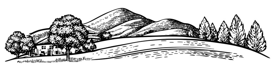 Obraz premium Engraved illustration of a serene landscape featuring mountains, trees, and a quaint house in a vintage style