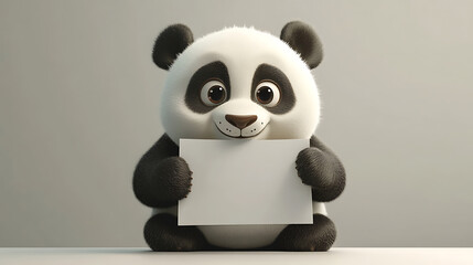 Obraz premium Cute cartoon panda holding a blank sign, sitting on a table with a neutral background