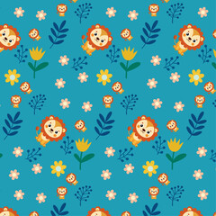 Playful Cartoon Lions and Tropical Leaves Pattern on Teal Background