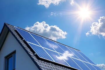 solar panels on the roof of a modern house in Germany, against a blue sky on a sunny day