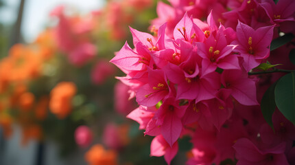 Bright Pink and Orange Bougainvillea Flowers in Bloom