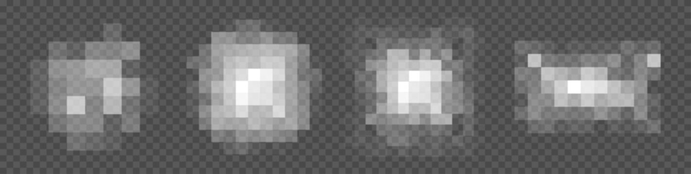 Pixelated blur effect for censoring sensitive explicit content. Common in media, social, moderation tools to obscure inappropriate or private visuals. Digital censorship filter. Vector illustration