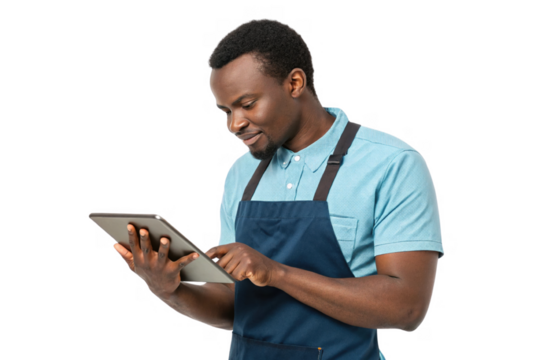 man in blue shirt and apron using tablet, showcasing food, technology, and engagement in his work - Powered by Adobe