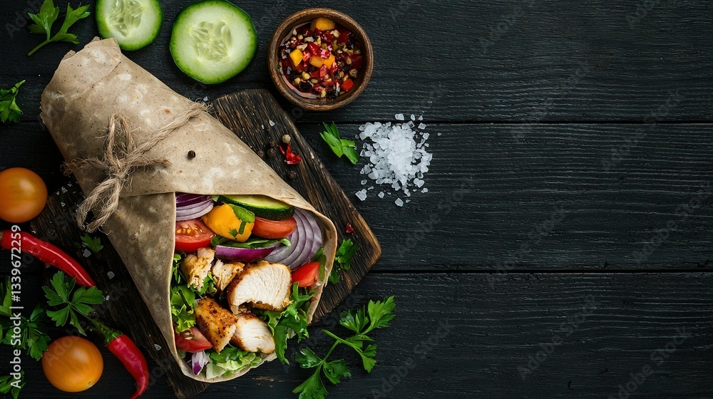 Poster wrap filled with meat and veggies on cutting board, served with pickles and cucumber