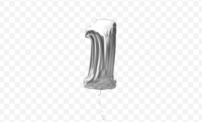 Silver number one balloon with shiny reflective surface. Perfect for birthdays, anniversaries, festive and anniversary celebrations. Party decoration graphic element. Vector illustration