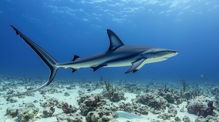 Fototapeta premium A thresher shark swims above a vibrant coral reef in the turquoise waters of the Caribbean.