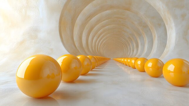 Yellow spheres line a curved white tunnel - Powered by Adobe