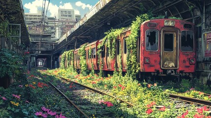 Naklejka premium Rusty train in abandoned city train station debris with green plants growing. Post apocalypse scene.