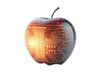digital apple with circuit board design symbolizes fusion of food and technology, showcasing innovation and creativity