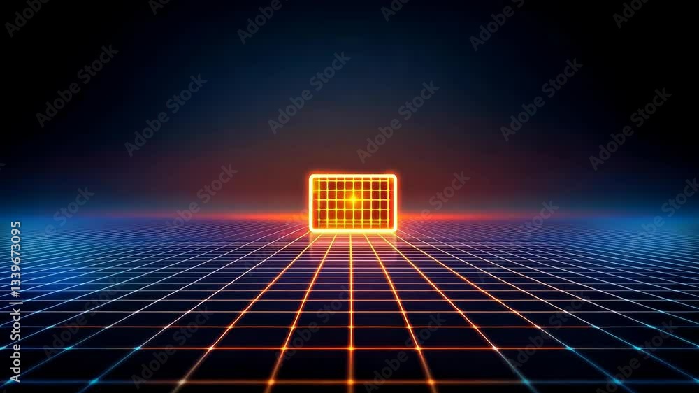 Poster dark background with a glowing square in the middle. the square is orange and has a light shining on