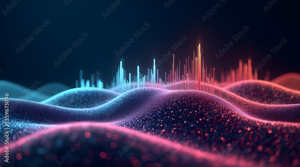 Aufkleber futuristic abstract neon glowing particle landscape blue to red color gradient data visualization di