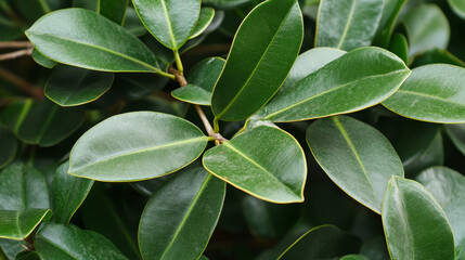 Obraz premium a close-up shot of green leaves from a Ficus elastica tree. The rubber fig's broad, glossy leaves are vividly highlighted, displaying deep, rich green hues with pronounced veins that reflect light 