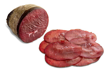 Sliced Bresaola ham, slices of Bresaola salami from Valtellina, Italy, cured meat isolated