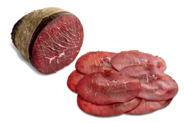 Sliced Bresaola ham, slices of Bresaola salami from Valtellina, Italy, cured meat isolated