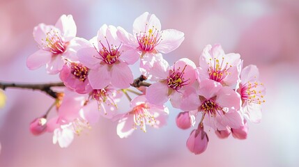 Obraz premium A close-up of a cherry tree's branch with pink blossoms and yellow anthers in the focal point
