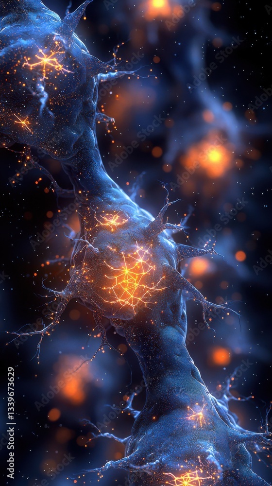 Poster detailed neurons form glowing networks, illustrating intricate neural pathways and neurological conn