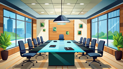 Modern office conference room with a large wooden table and black chairs.