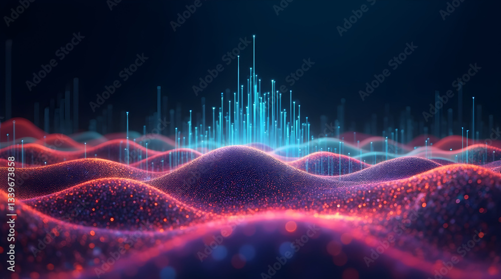 Aufkleber glowing blue data cityscape on red wavy particle digital landscape - abstract tech graphics