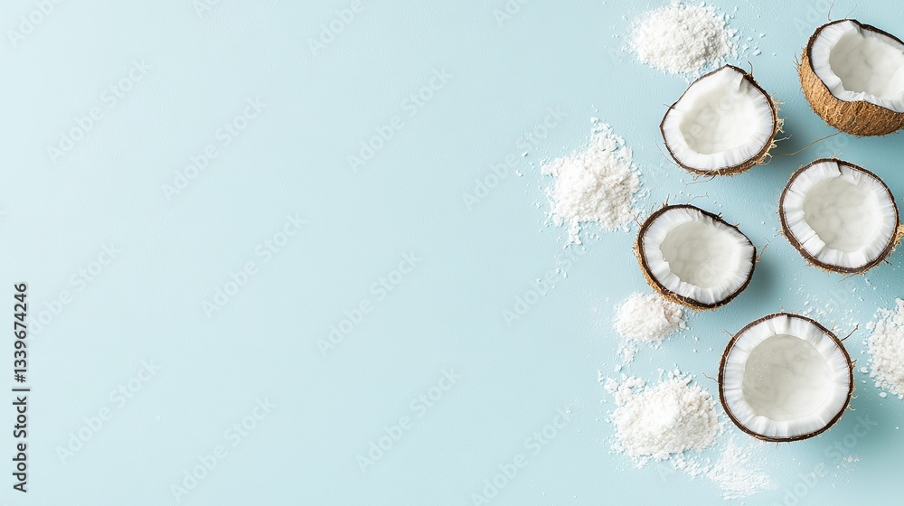 Aufkleber coconuts and sugar on a light blue background top view flat layout with space for copy or image