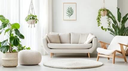 A bright and inviting living room featuring a cozy sofa, armchair, pouf, and lush green plants