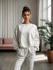 Fototapeta premium Full shot female model wearing white sweater mockup