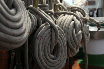 Gros-plan sur des cordages soigneusement enroulés et suspendus à bord d’un voilier. Le détail du tressage et la disposition ordonnée témoignent du savoir-faire maritime et de la rigueur du matelotage.