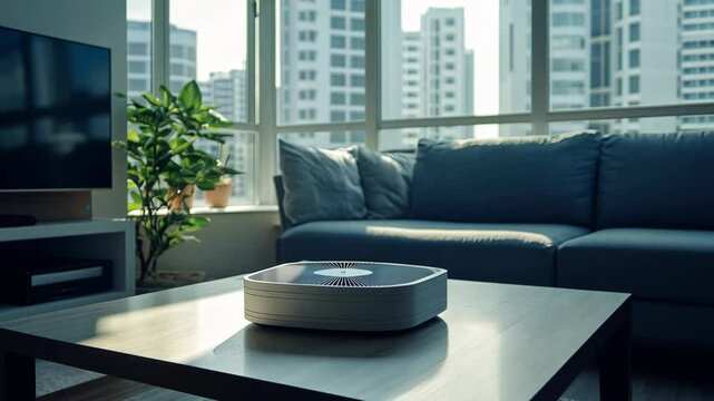 Modern living room with natural light and a stylish air purifier placed on a wooden coffee table