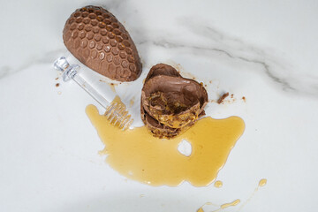 Closeup of Brazilian honey cake filling inside chocolate Easter egg_top view.