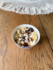 Cottage cheese bowl or curd cheese with banana, walnut and jam also called turkish lor peyniri