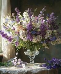   A vase of many purple and white flowers sits beside a white tablecloth with lace covering