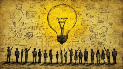 A group of people looking up at a bright glowing idea
