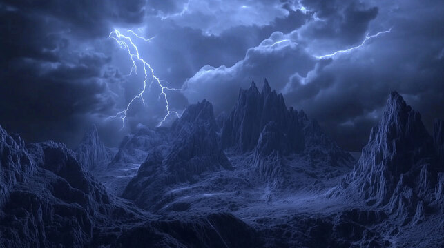 A powerful thunderstorm rolling over a rugged mountain landscape, dark storm clouds swirling above jagged peaks.