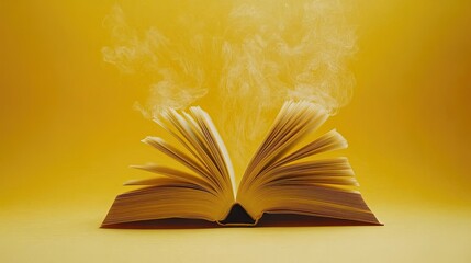 Open Book Resting on a Bright Yellow Background, Inviting Readers to Explore Its Pages and Symbolizing Knowledge, Curiosity, and the Power of Learning in a Creative Concept for Book Photography.