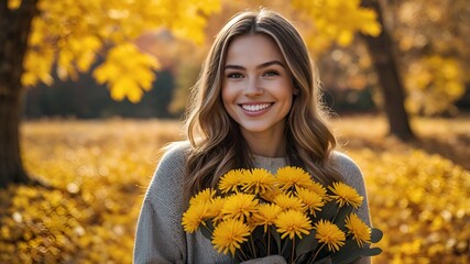 young woman in the autumn park with yellow flowers
