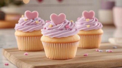 Three Lavender Cupcakes Decorated With Pink Hearts