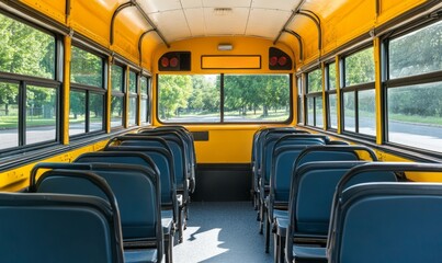 Fototapeta premium Empty Yellow School Bus Interior: A Sunny Day's View