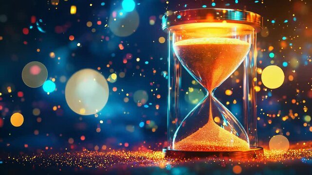Glass hourglass with sand in it is sitting on a table. The sand is almost gone, and the hourglass is almost empty. The image has a sense of time passing by