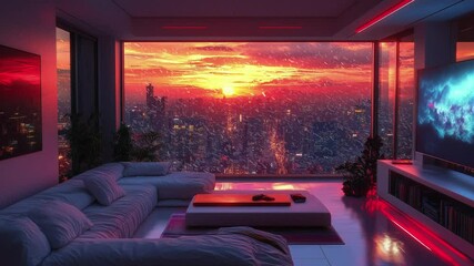 Dreamy Lo-Fi animated virtual backgrounds, cozy lo-fi living room window snowfall effect with city view sunset, Starry Night with Cosy Purple Hues Tranquil City , anime digital art, illustration - Powered by Adobe