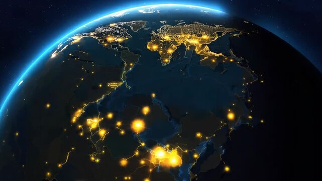 Globe with many lights on it. The lights are scattered all over the globe, creating a sense of a busy and bustling world